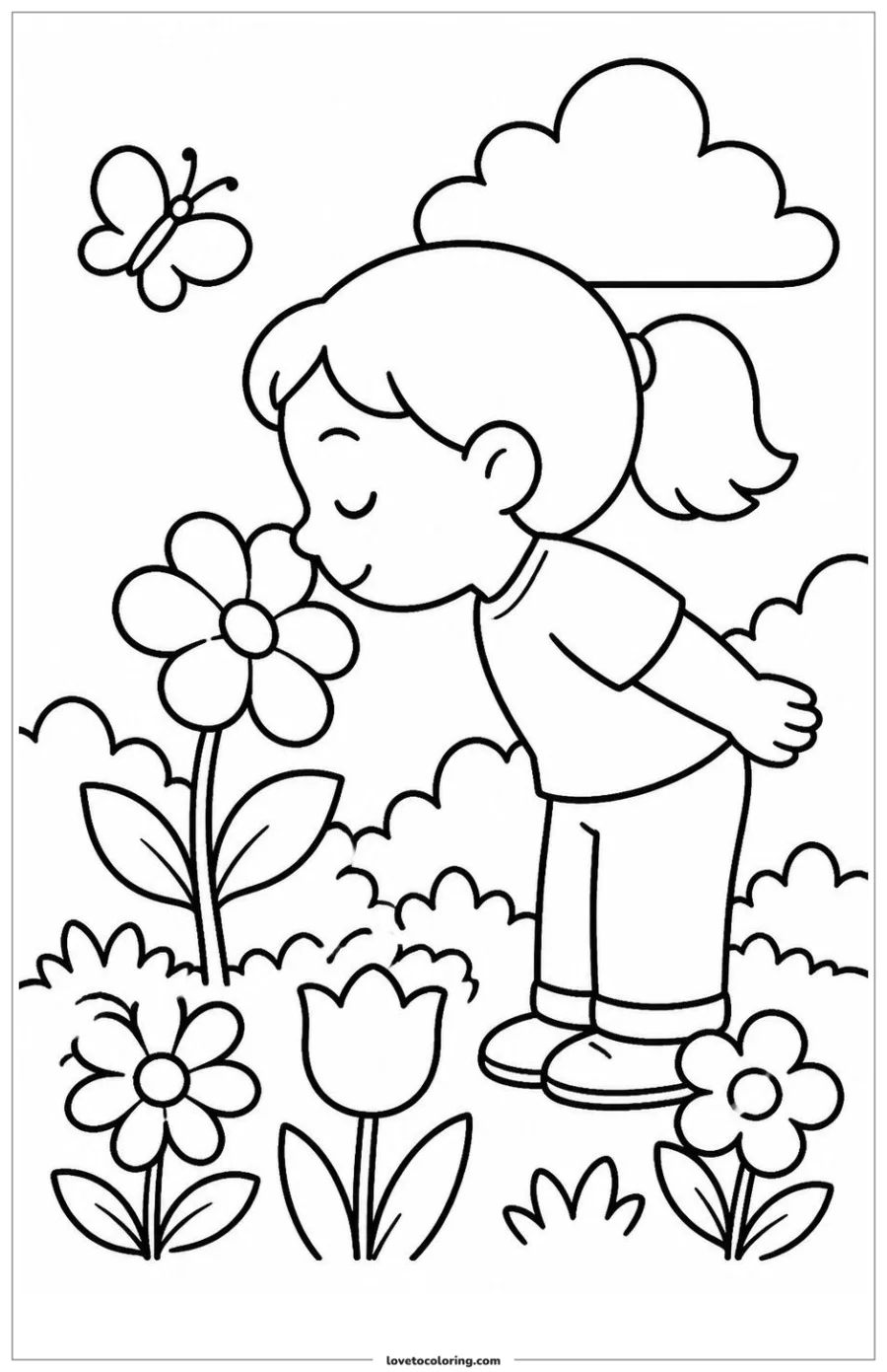 Child using the sense of smell to notice a flower in a garden.