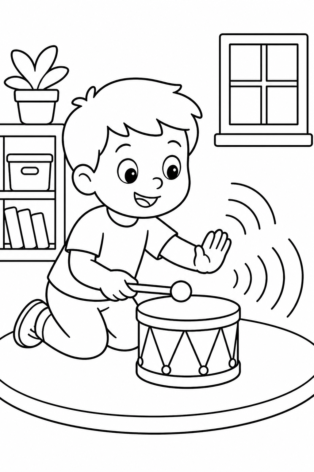Child exploring sound vibrations from a small drum in a classroom.