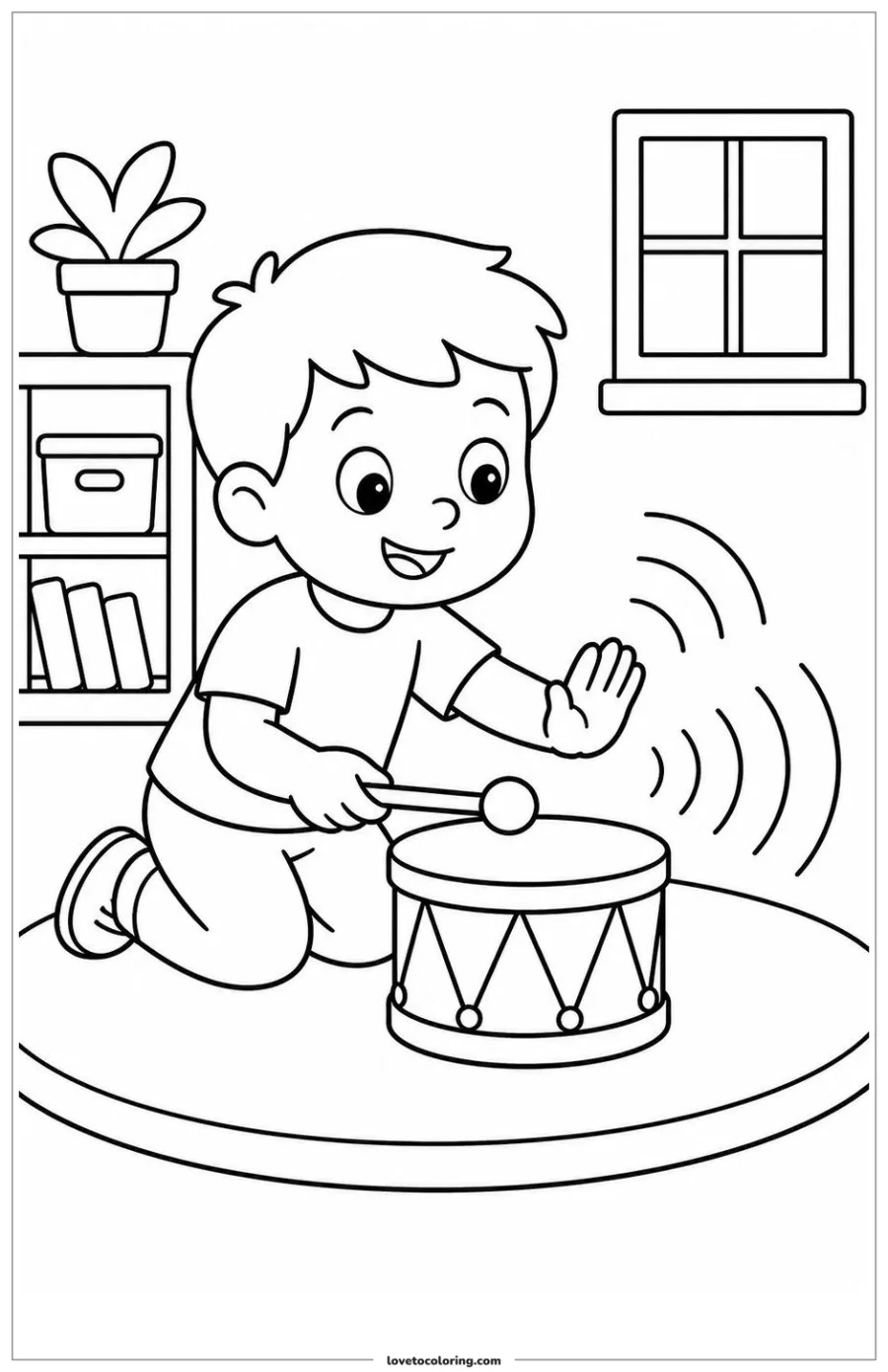 Child exploring sound vibrations from a small drum in a classroom.