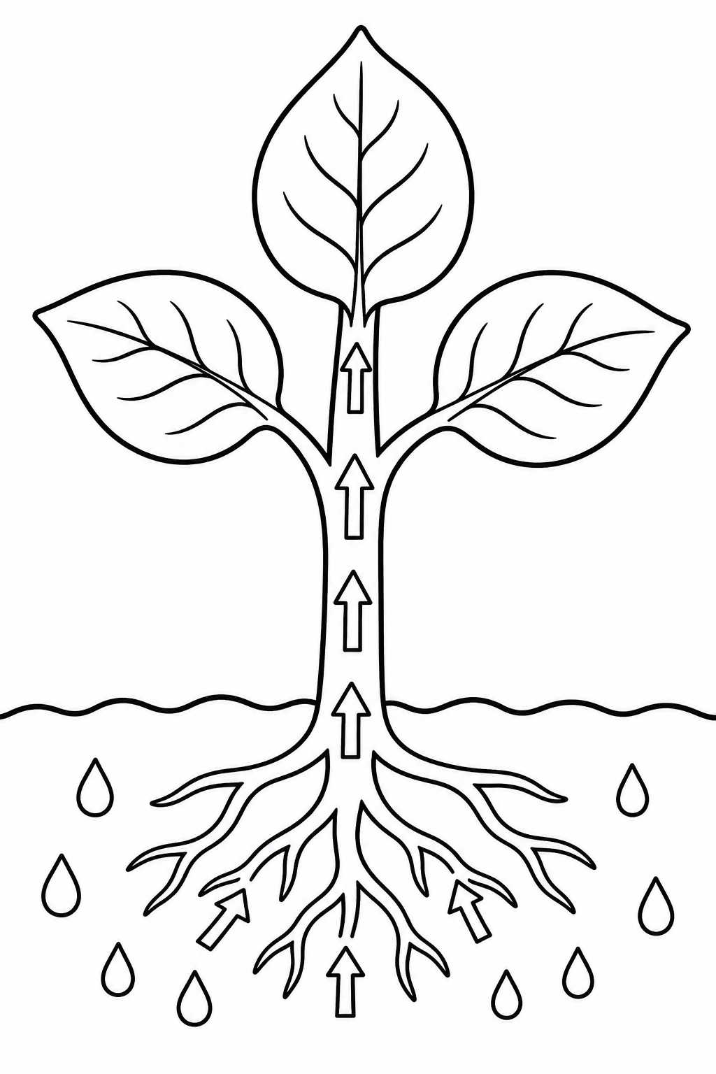 Plant diagram showing water moving from roots through the stem toward leaves.
