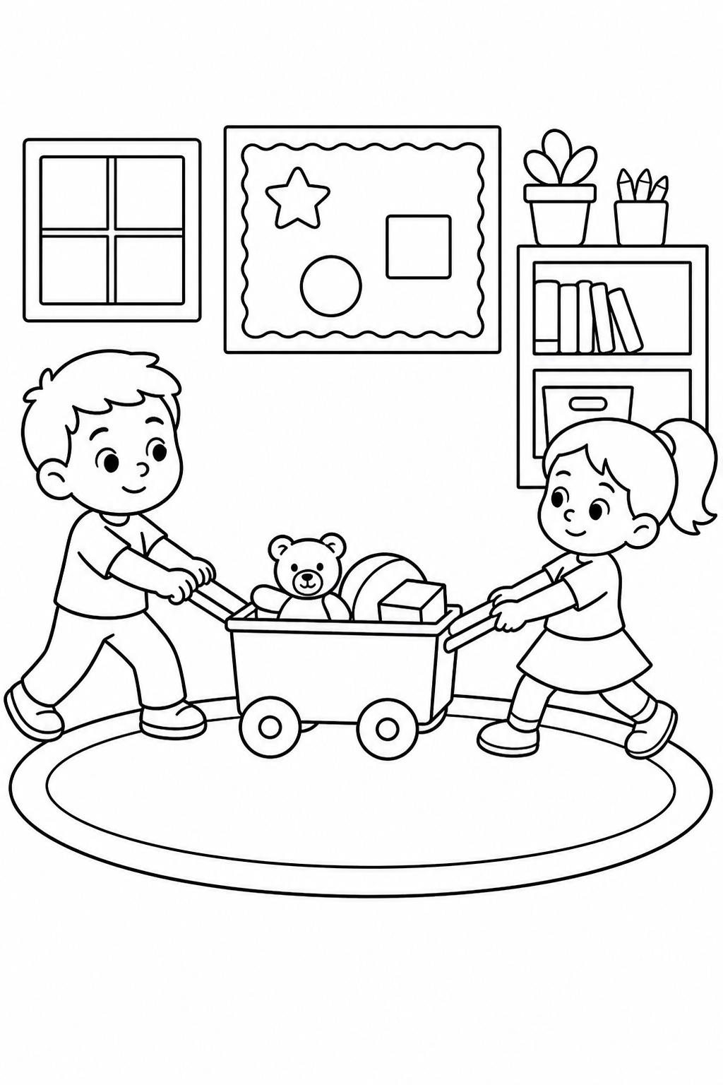Black-and-white early science coloring page of one child pulling a toy-filled cart by its handle while another child pushes from behind.