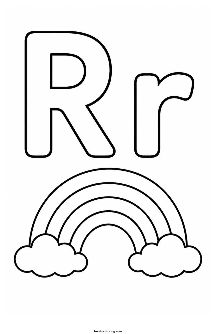 Black-and-white printable coloring page of uppercase and lowercase letter R with wide rainbow arching over two soft clouds.