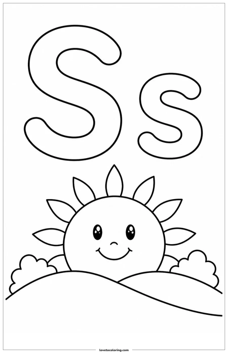 Black-and-white printable coloring page of uppercase and lowercase letter S with bright sun with evenly spaced rays.