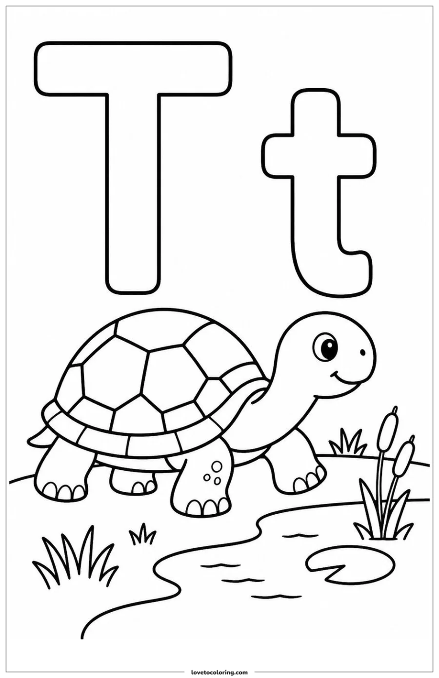 Black-and-white printable coloring page of uppercase and lowercase letter T with turtle walking beside a few rounded leaves.