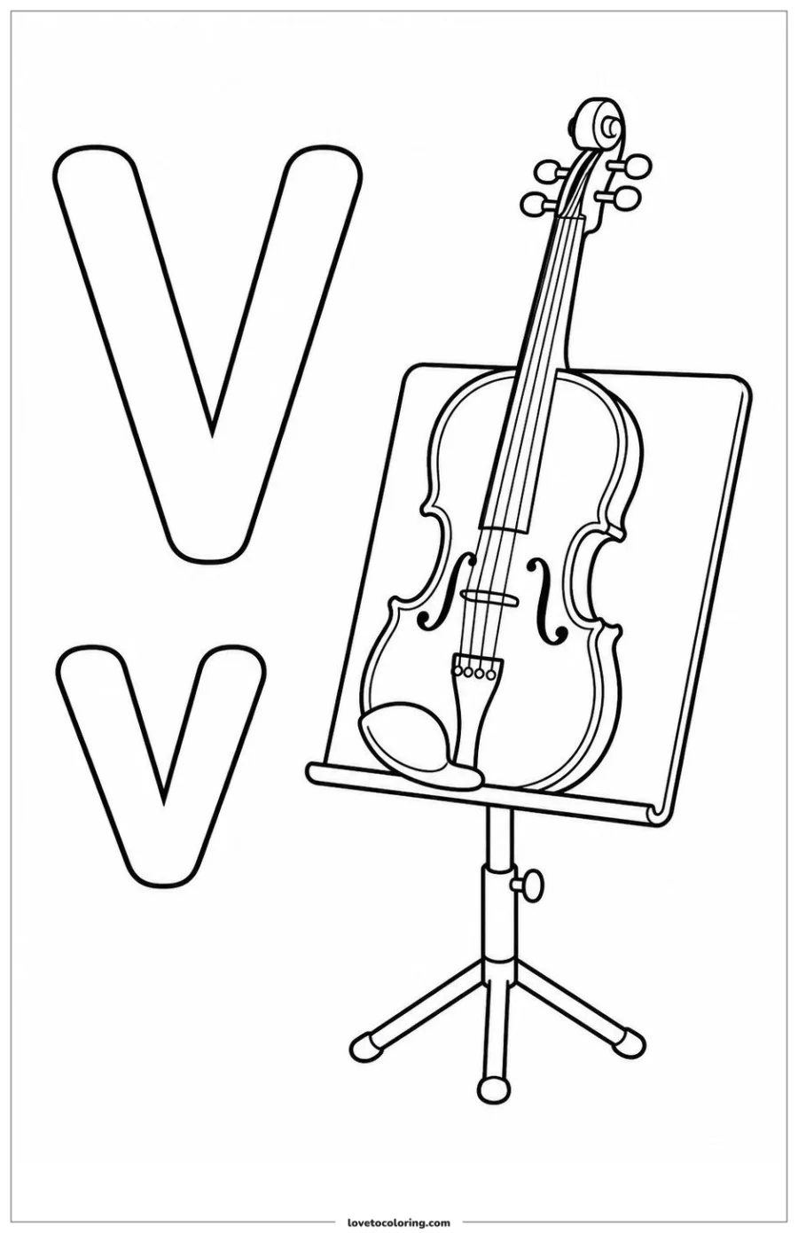 Black-and-white printable coloring page of uppercase and lowercase letter V with violin resting beside its bow on a music stand.