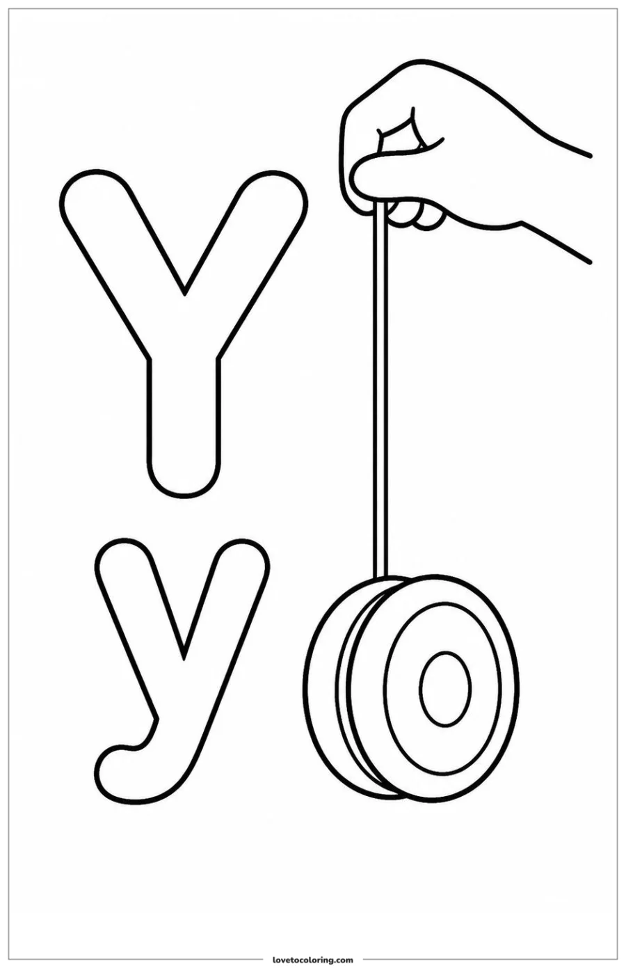 Black-and-white printable coloring page of uppercase and lowercase letter Y with yo-yo resting beside a loose loop of string.