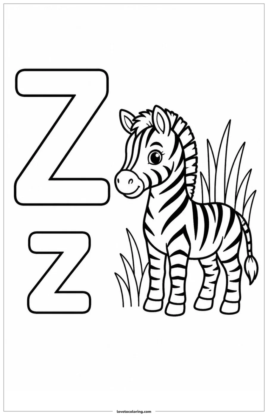 Black-and-white printable coloring page of uppercase and lowercase letter Z with zebra standing beside tall grass.