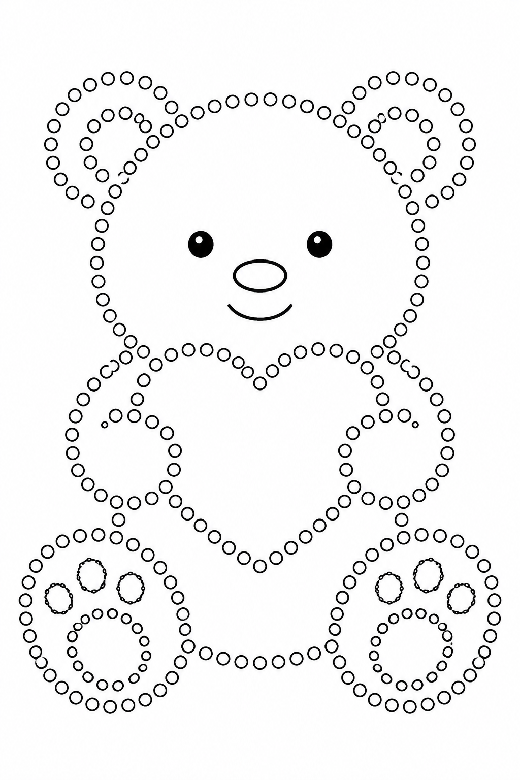 Black-and-white teddy bear Q-tip painting printable made from small hollow circles.