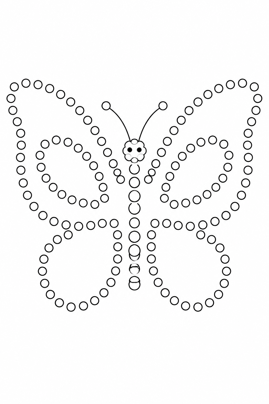 Symmetrical butterfly Q-tip painting printable outlined with small hollow circles.