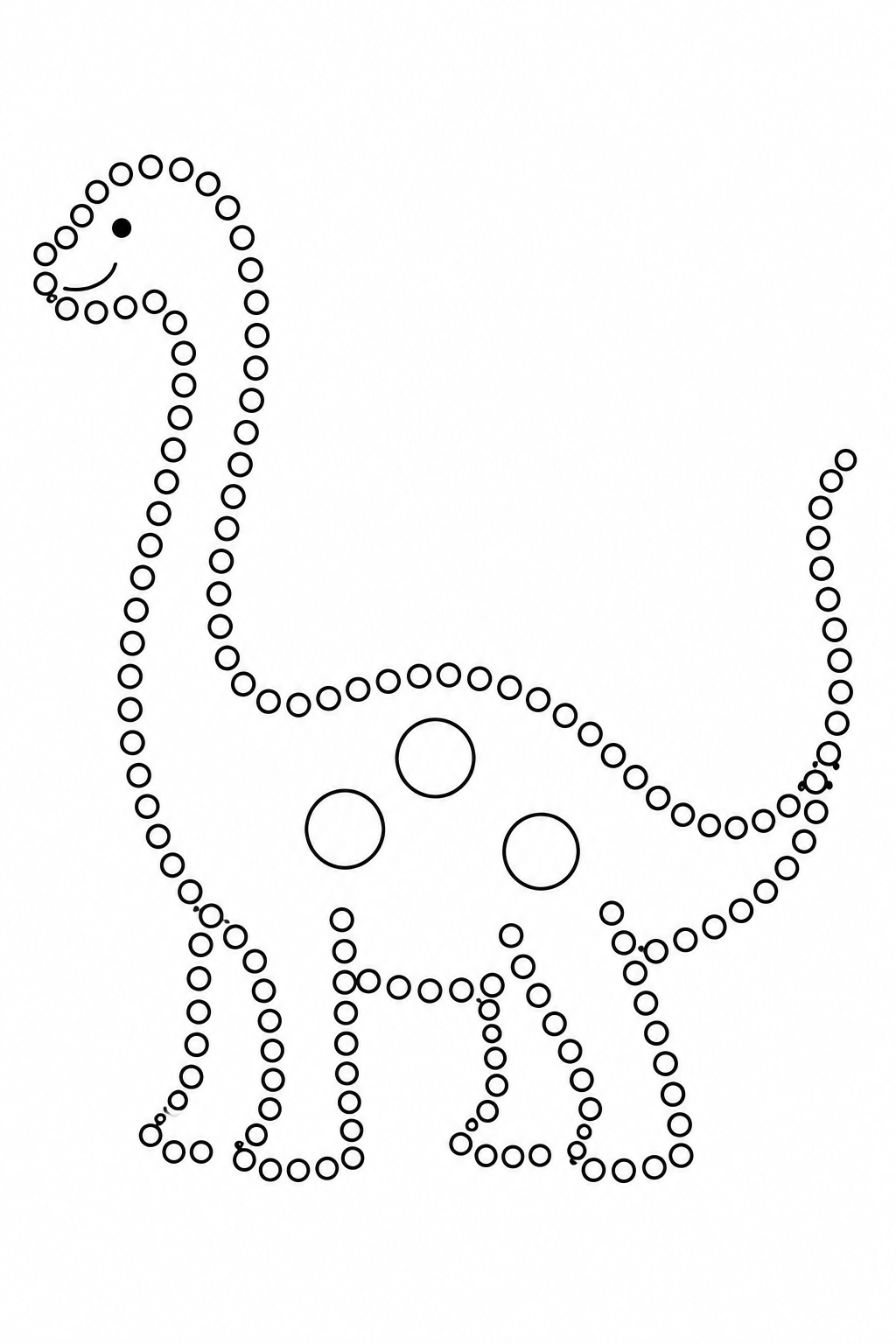Friendly long-neck dinosaur Q-tip painting printable outlined with hollow circles.