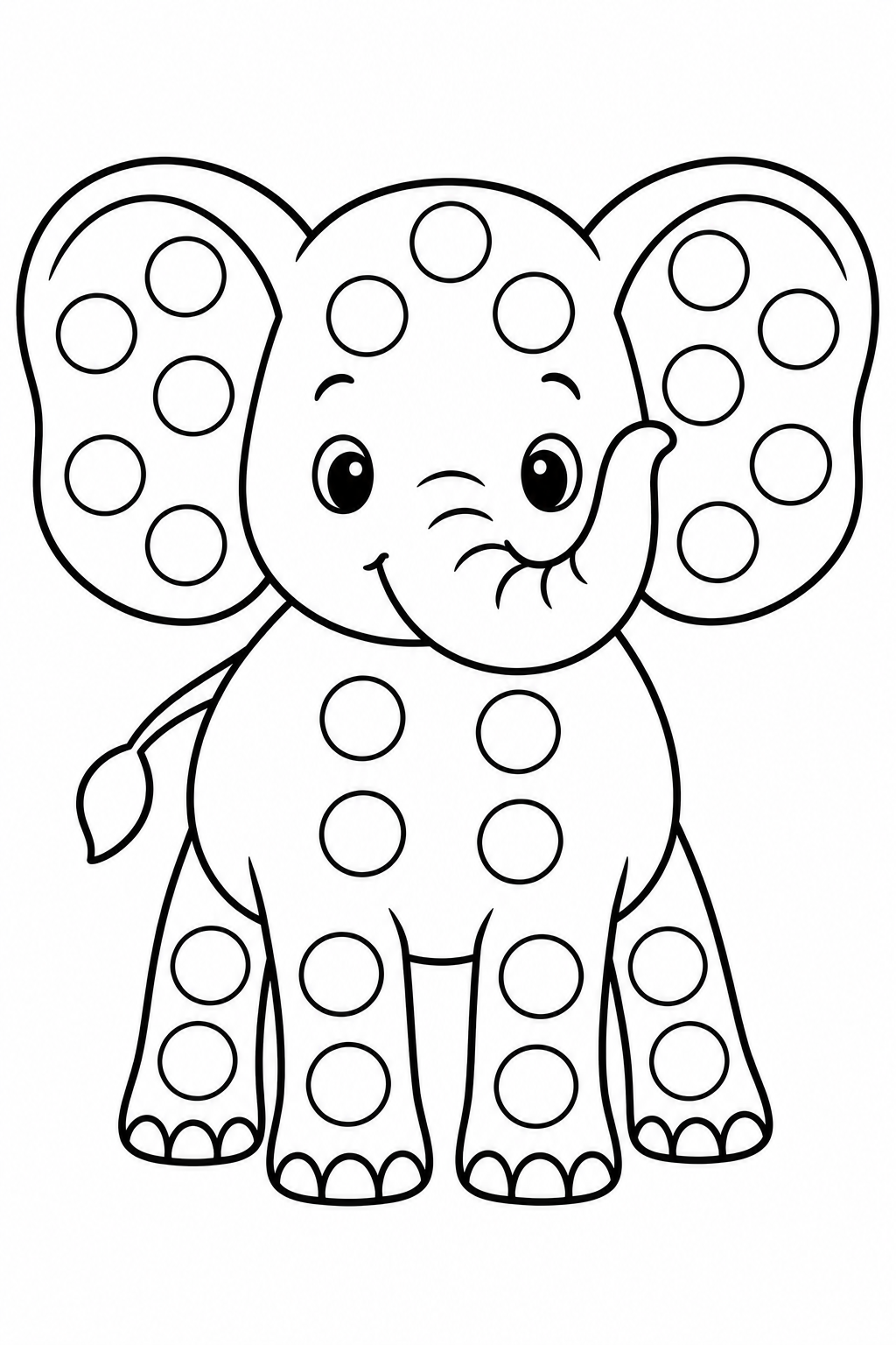Friendly elephant dot marker coloring page with large hollow circles inside its body.