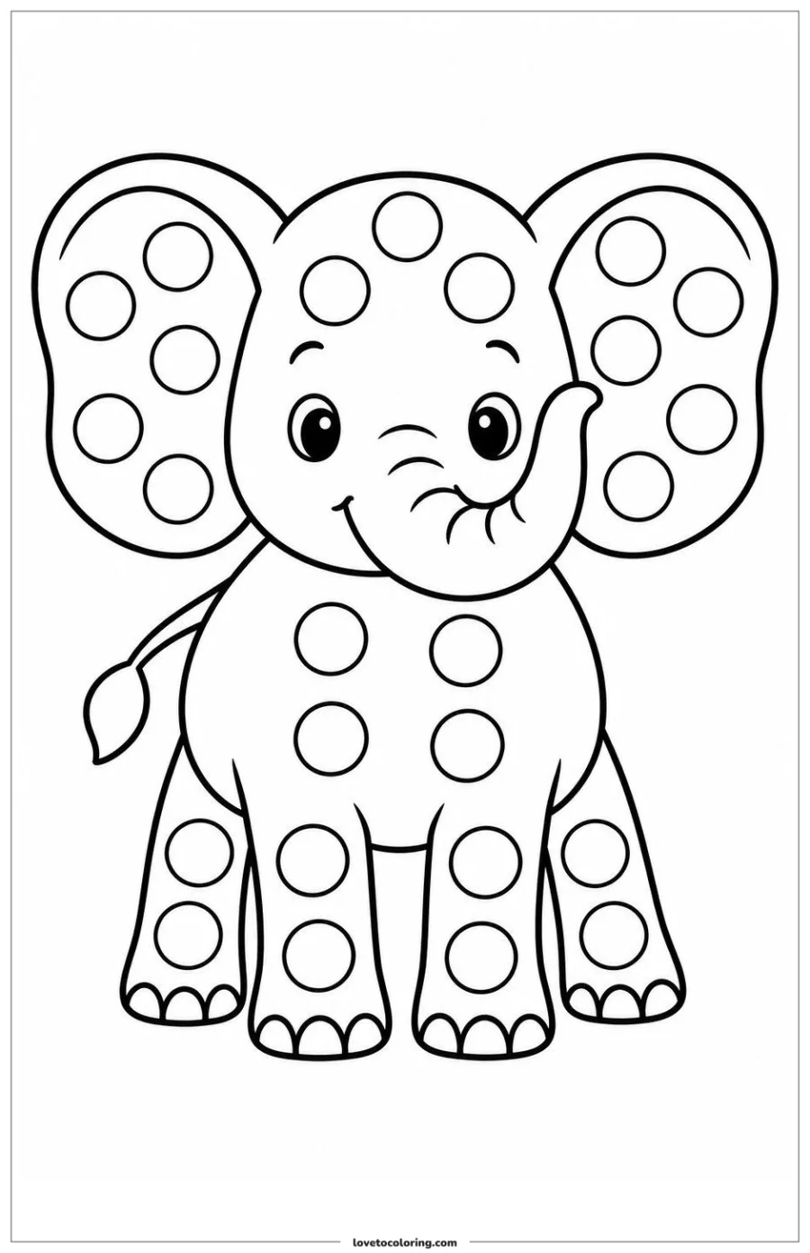 Friendly elephant dot marker coloring page with large hollow circles inside its body.