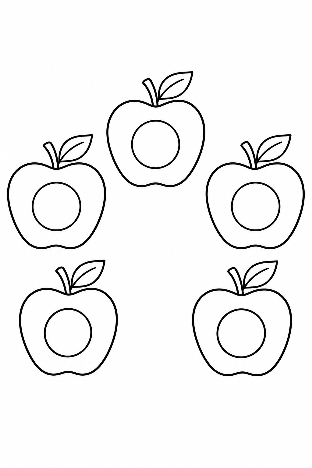 Five separate apples with one large dot-marker target inside each apple.