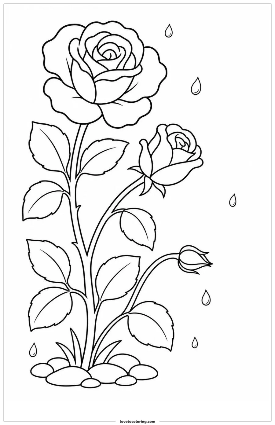 Black-and-white printable coloring page showing a rose bending after a light rain.