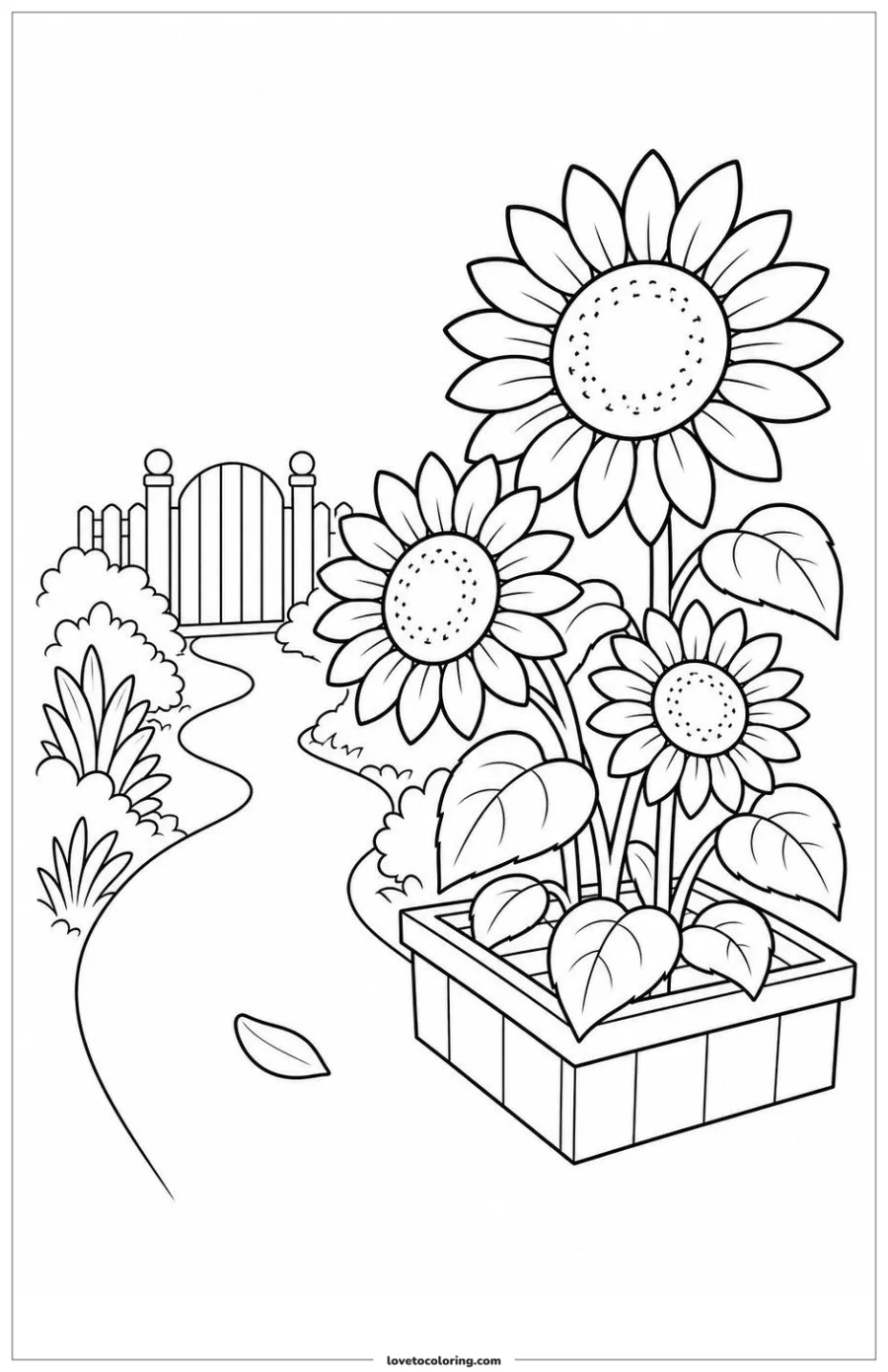 Dibujo para colorear de sunflower framing a narrow garden path