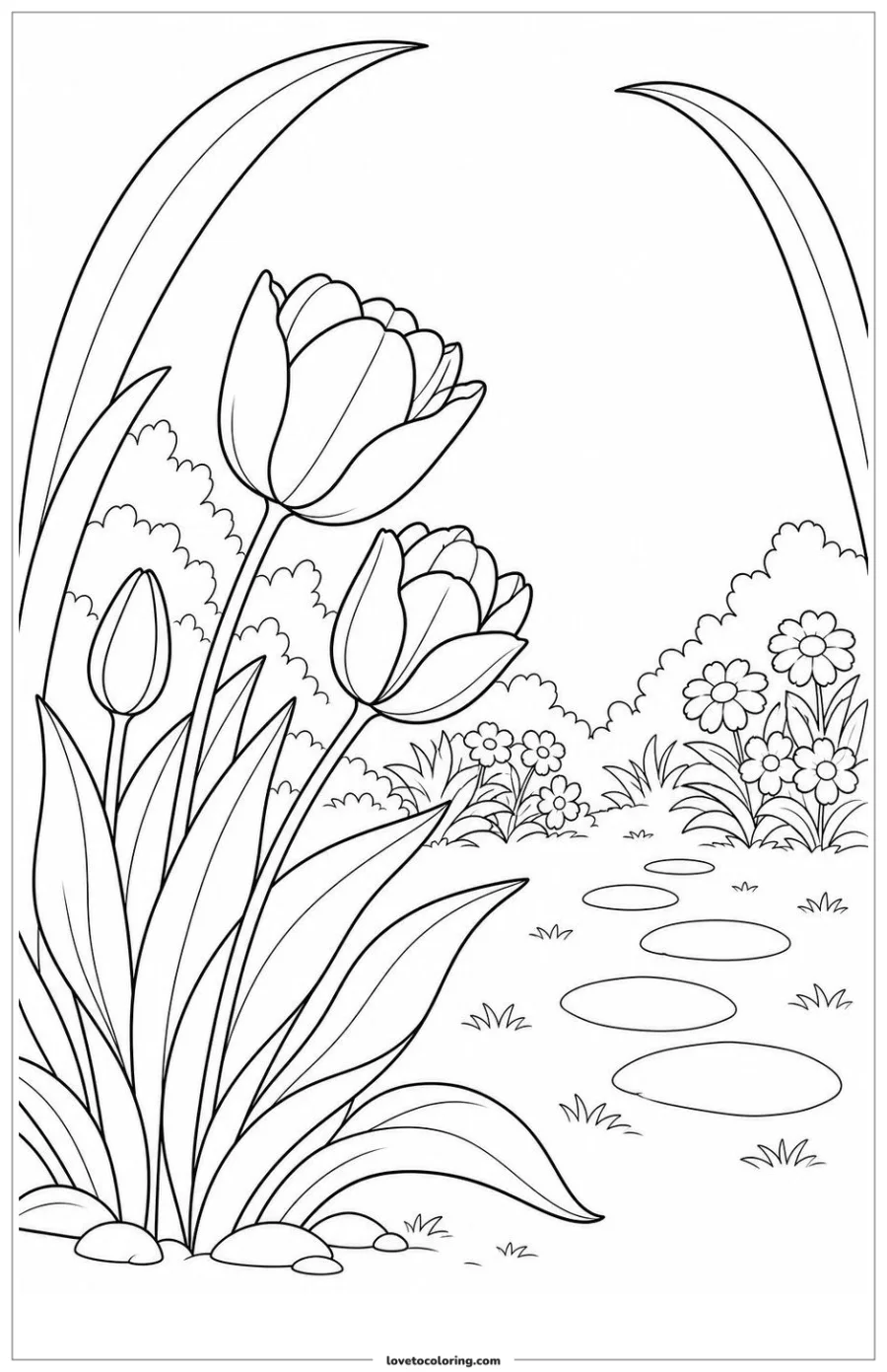 Dibujo para colorear de tulipán inclinado hacia el jardín
