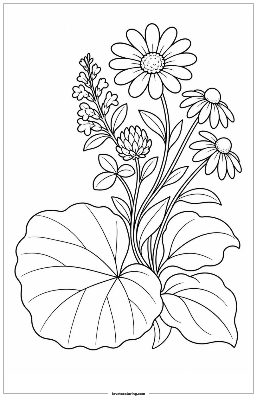 Black-and-white printable coloring page showing a wildflower bouquet turning above broad base leaves.