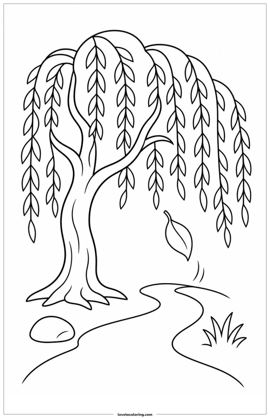 Black-and-white printable coloring page showing a willow tree dropping one leaf or fruit onto the path.