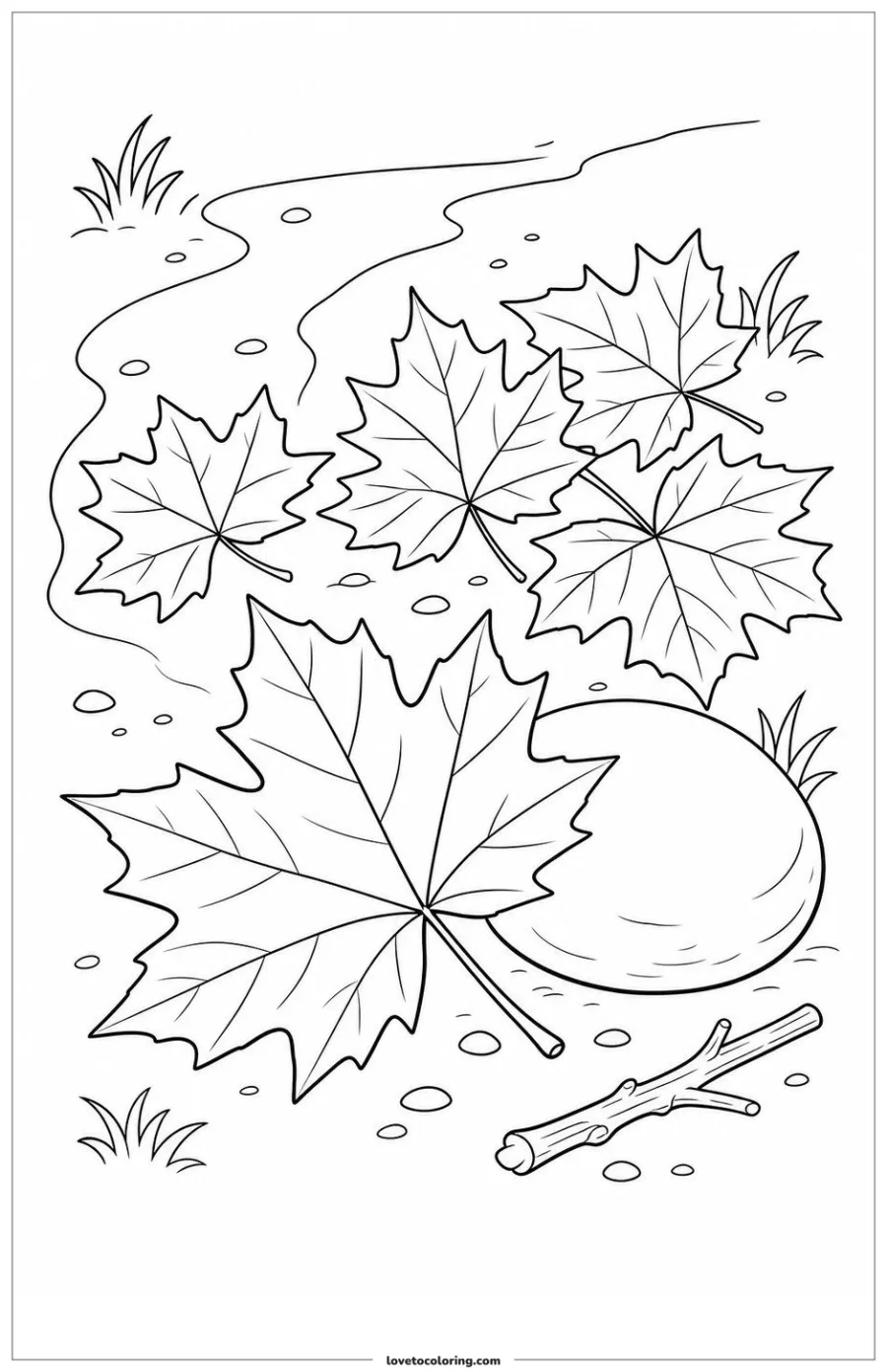 Black-and-white printable coloring page showing a maple leaf collecting near a smooth stone.