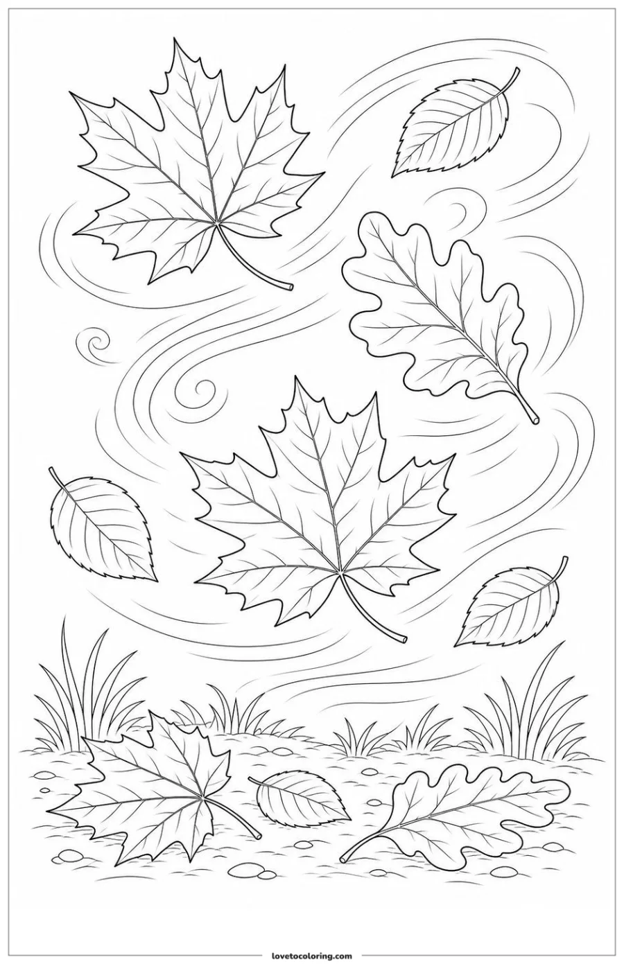 Autumn leaves turning in a breeze above a woodland path.