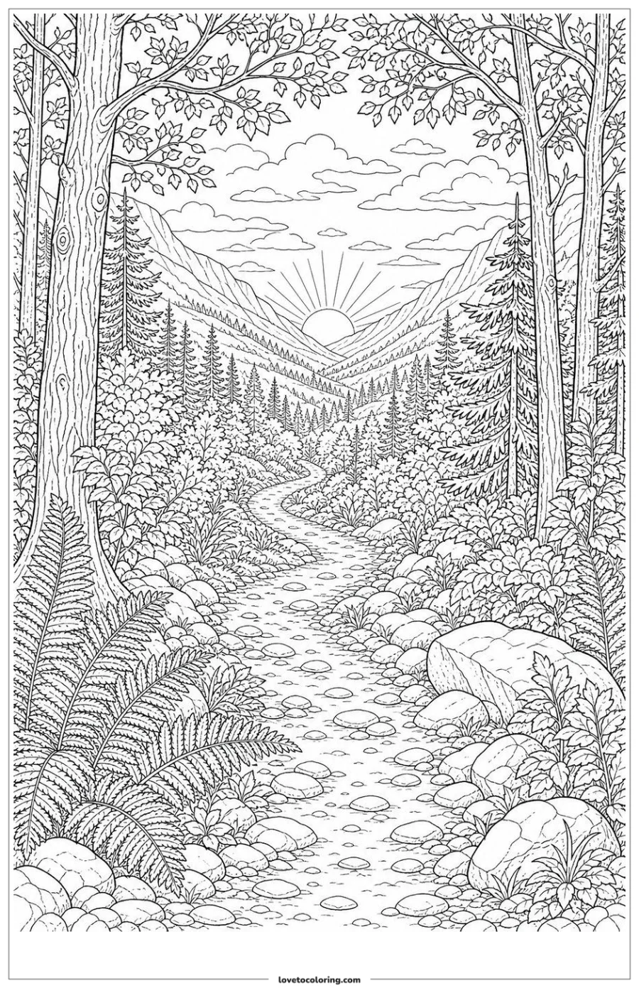 Dibujo para colorear de forest path framing a sunrise between slopes