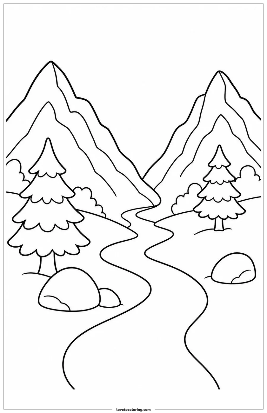 Black-and-white printable coloring page showing a mountain landscape framing a valley between two ridges.