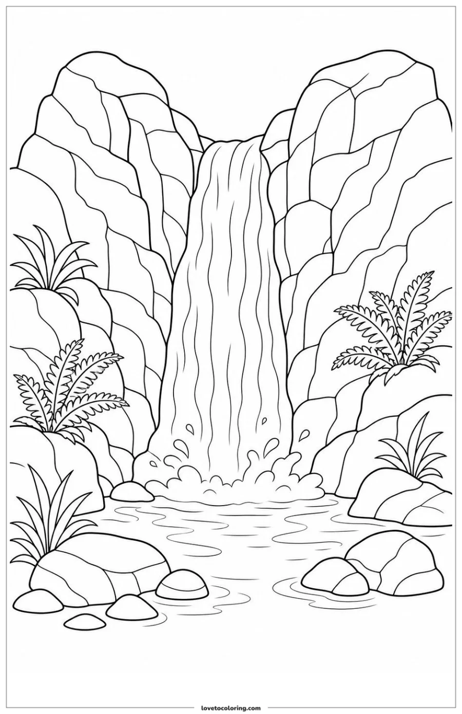 Dibujo para colorear de waterfall flowing between two rock walls