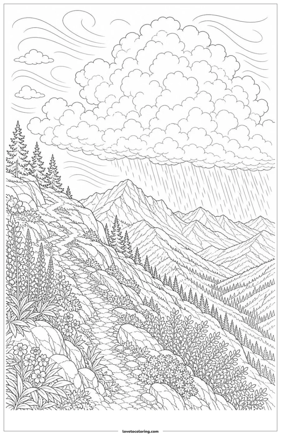 Black-and-white printable coloring page showing a rain cloud drifting beyond a mountain ridge.