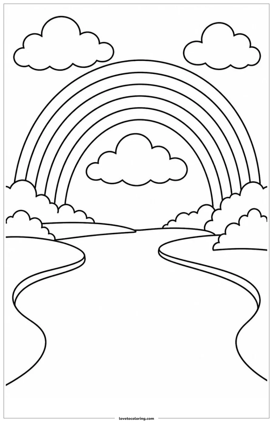 Black-and-white printable coloring page showing a rainbow spanning a broad river bend.