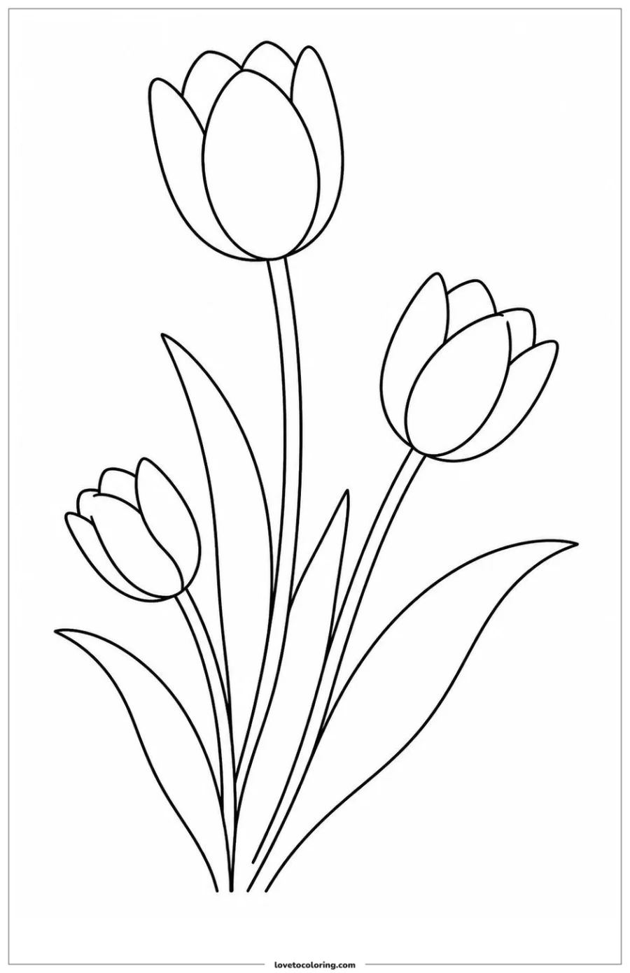 Black-and-white printable coloring page showing a tulip shown as a bud, a half-open flower, and a full bloom.