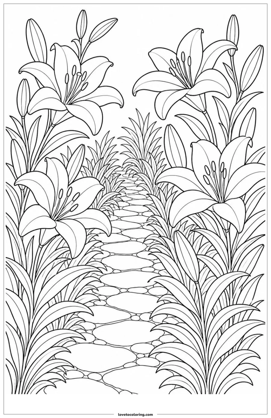 Dibujo para colorear de lilies beside a garden path