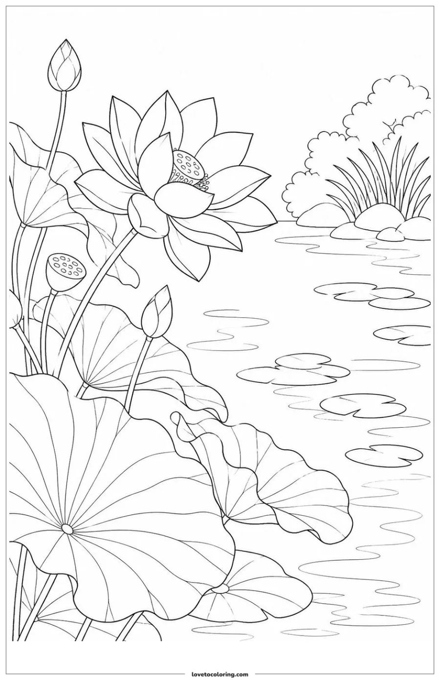 Black-and-white printable coloring page showing a lotus leaning toward an open garden space.