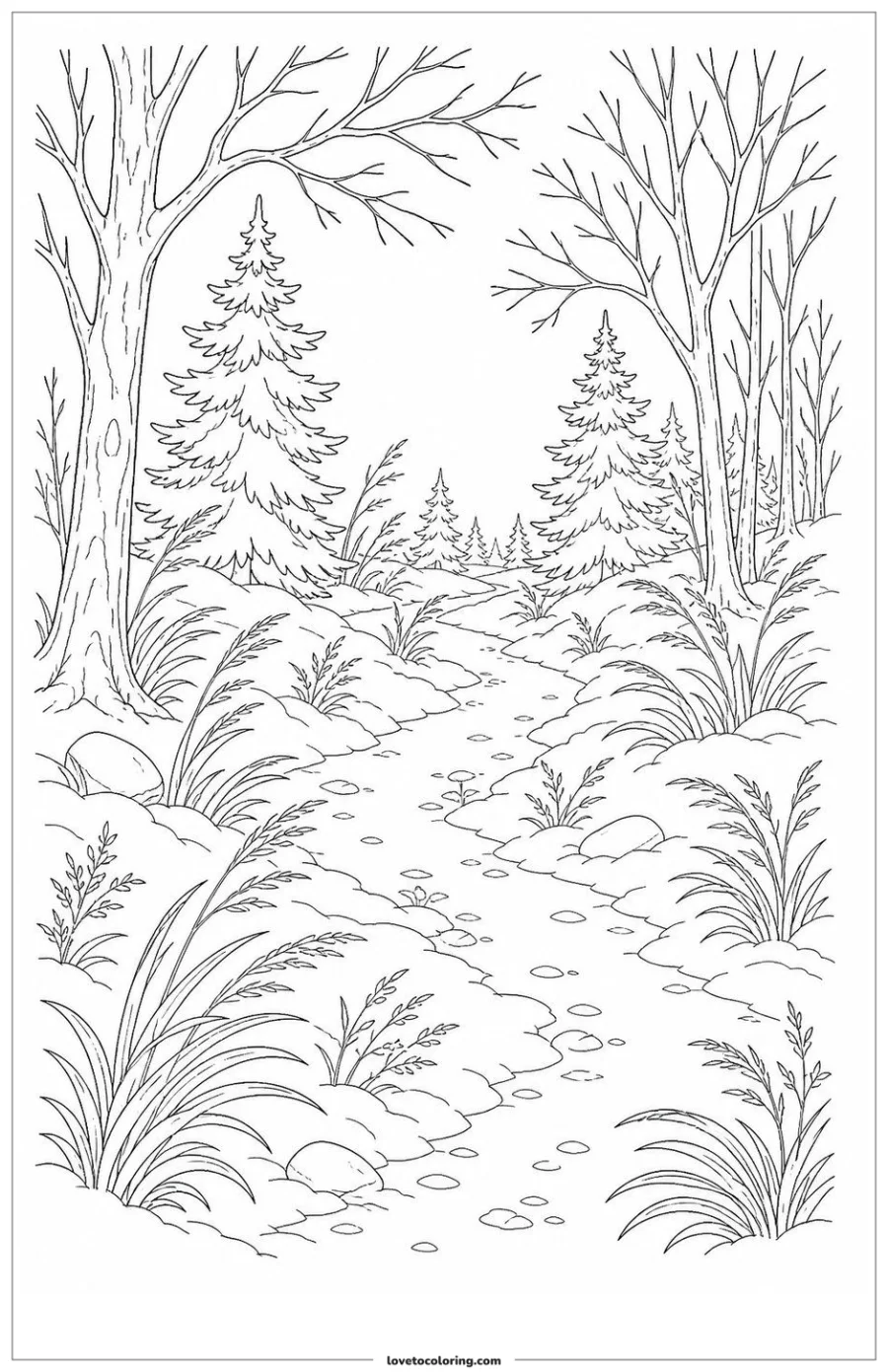 Dibujo para colorear de windy winter forest path