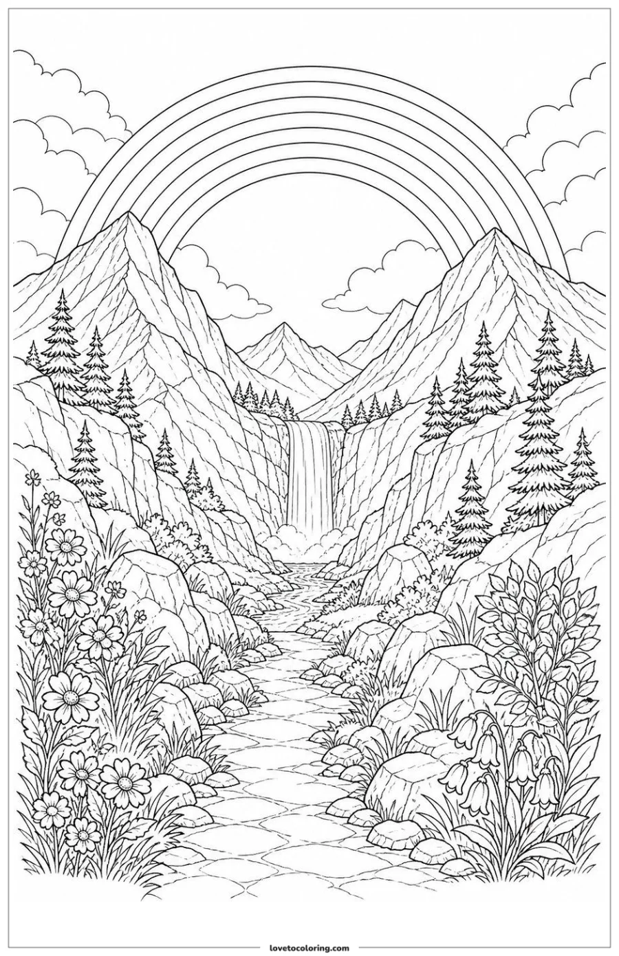 Dibujo para colorear de rainbow over a mountain pass
