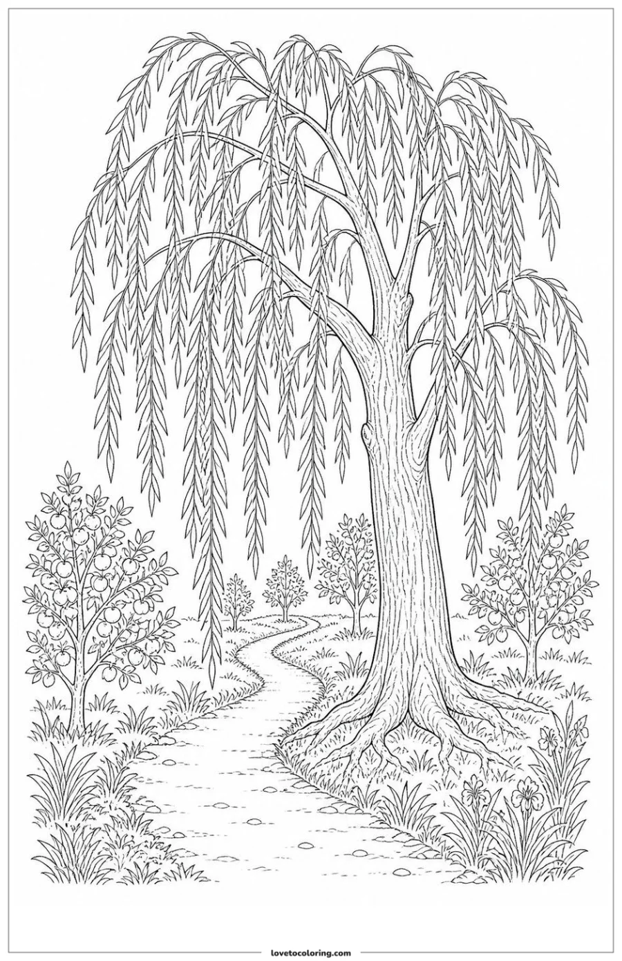 Willow tree spreading long drooping branches above a quiet path.