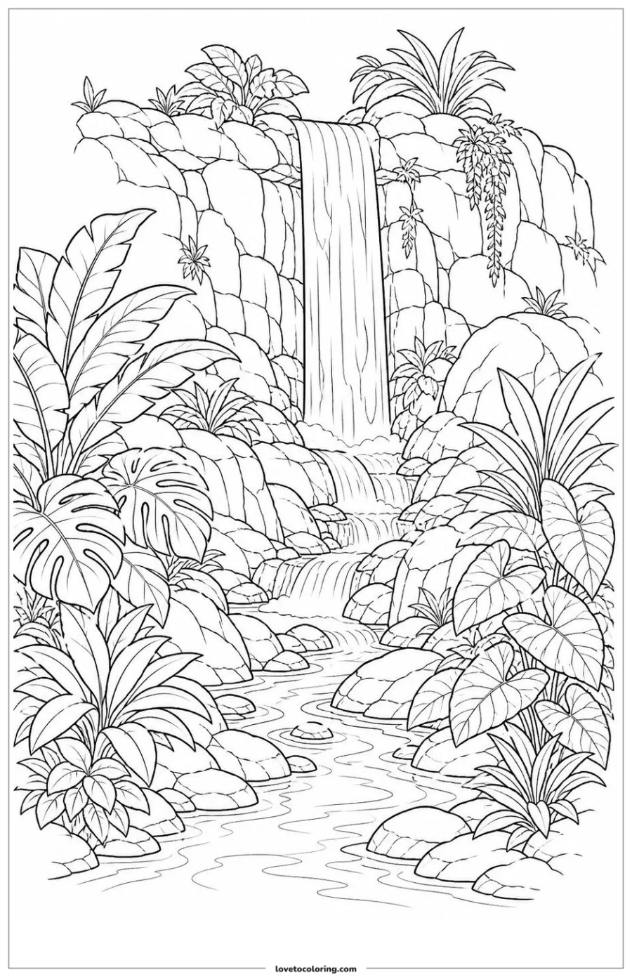 Dibujo para colorear de tropical waterfall