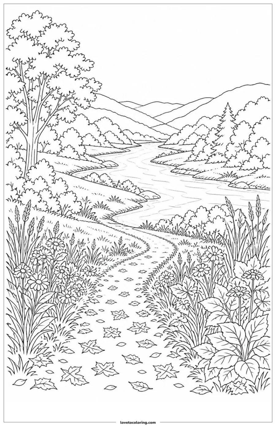 Dibujo para colorear de river valley and meadow path