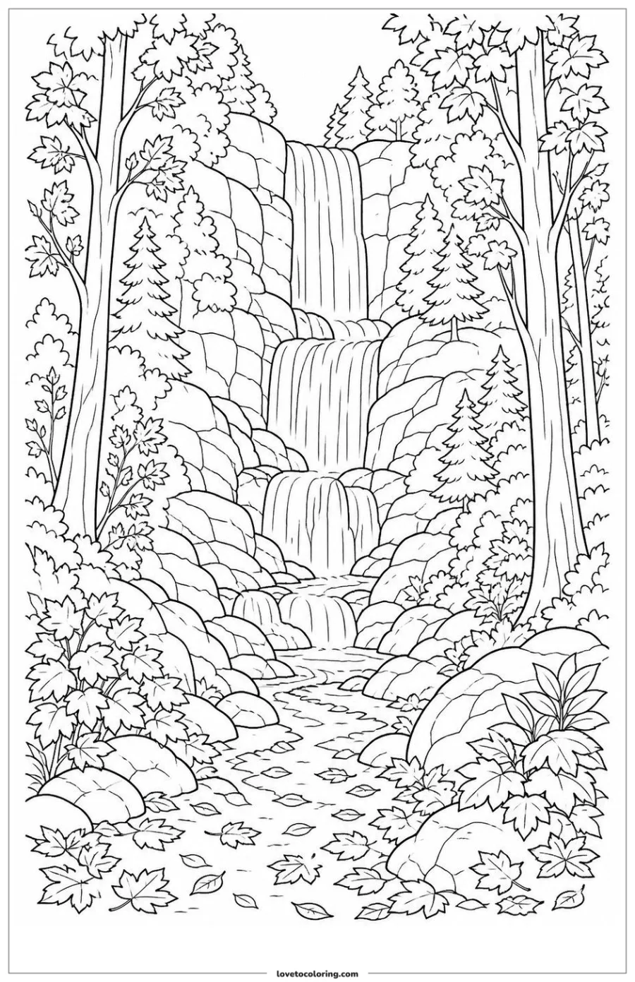 Dibujo para colorear de woodland waterfall path