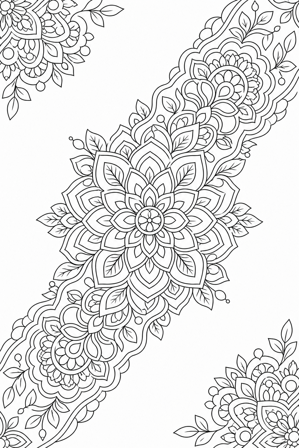 Black-and-white printable coloring page showing a floral mandala connected through one continuous visual path.