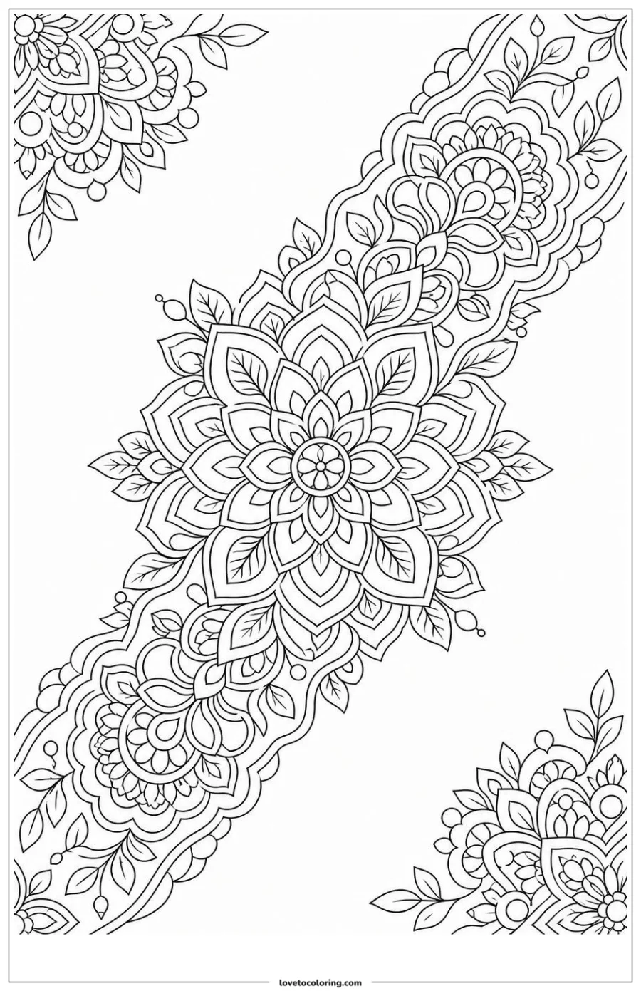 Black-and-white printable coloring page showing a floral mandala connected through one continuous visual path.