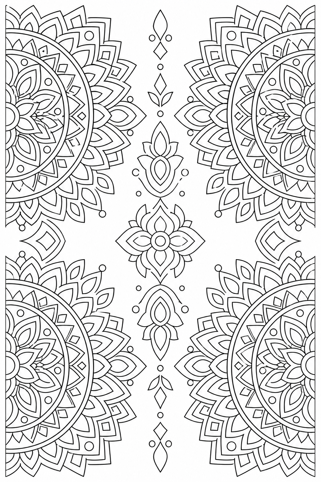 Black-and-white printable coloring page showing a geometric mandala repeated in mirrored corner groups.