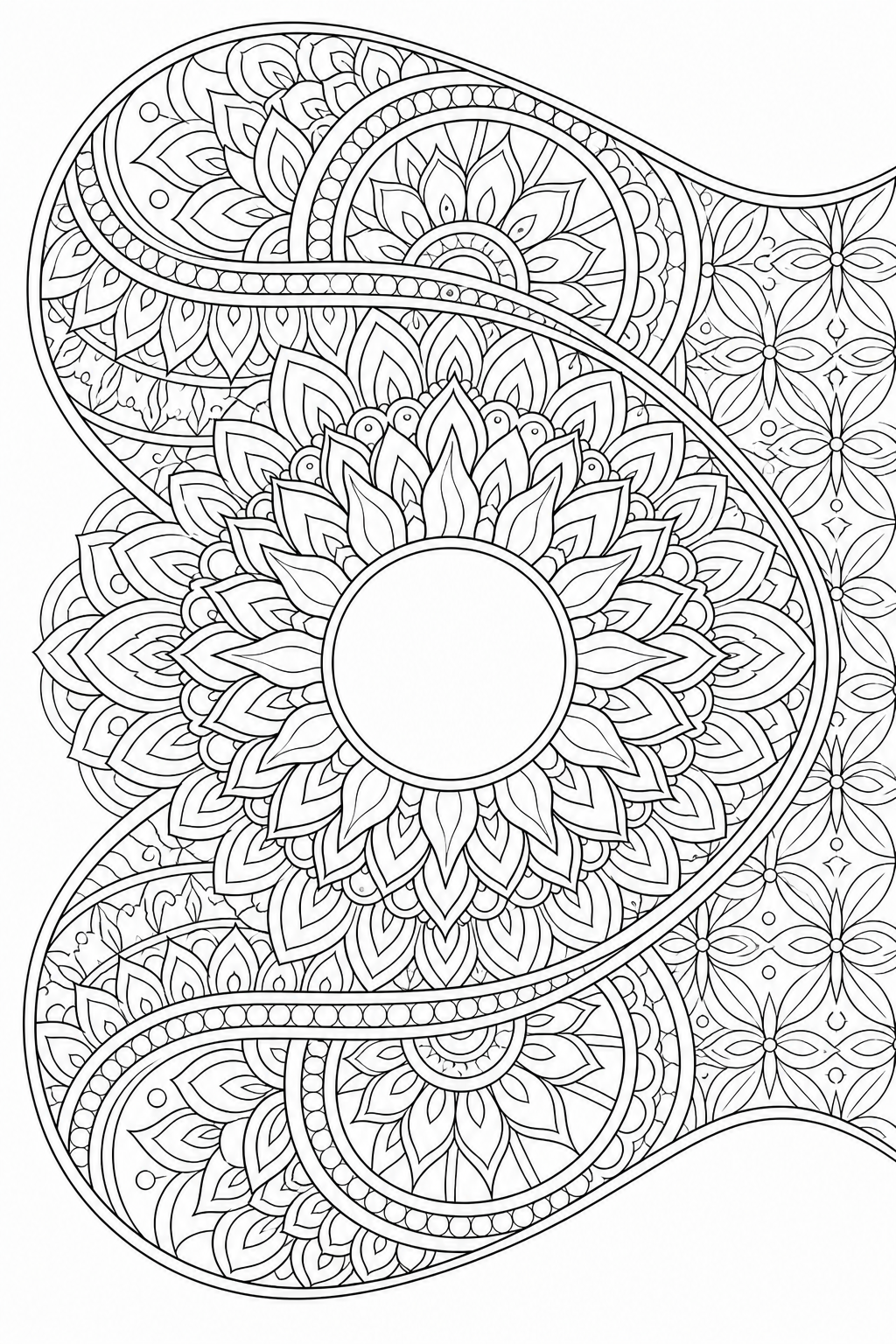 Black-and-white printable coloring page showing a sun mandala woven through broad flowing bands.