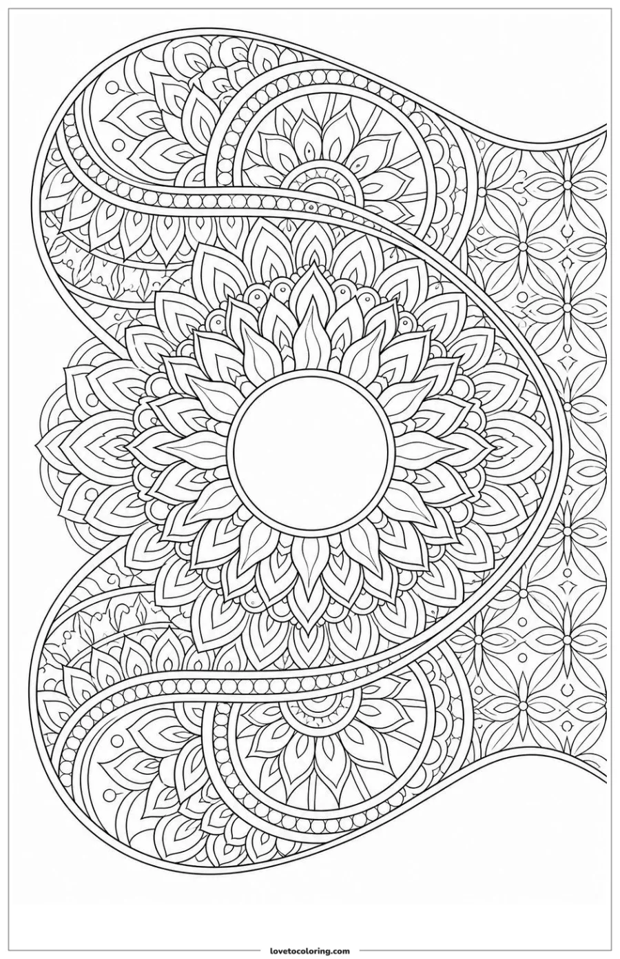 Dibujo para colorear de mandala solar con bandas curvas