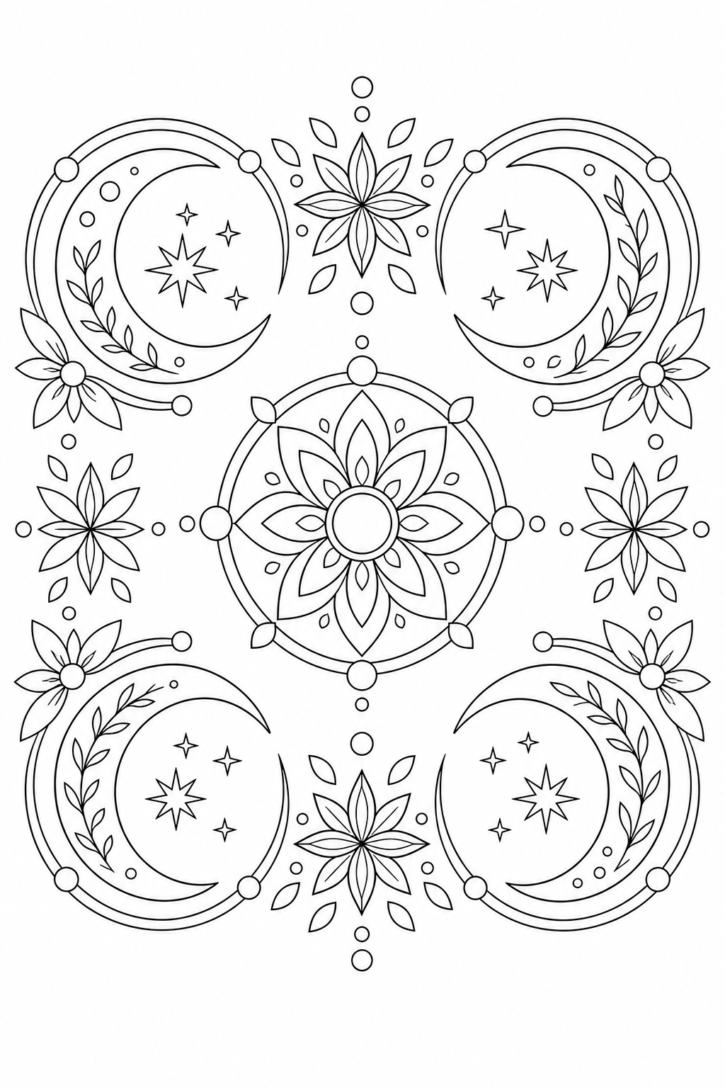 Black-and-white printable coloring page showing a moon mandala interlocked through large readable shapes.
