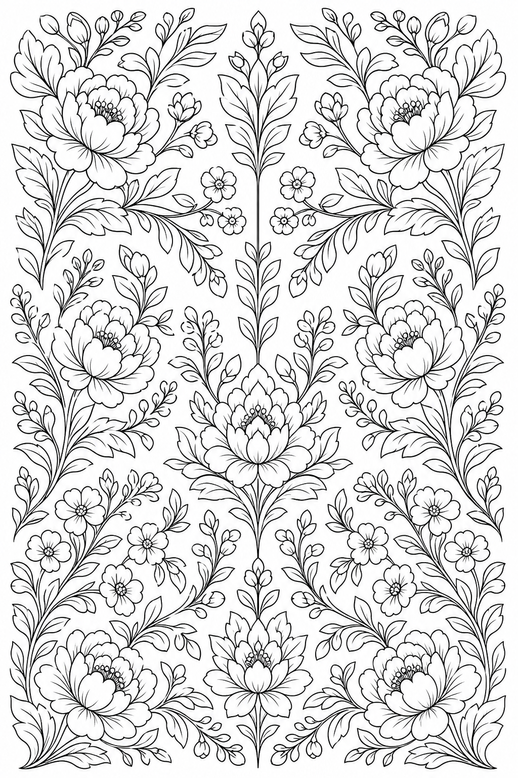 Black-and-white printable coloring page showing a botanical pattern echoed at three different scales.