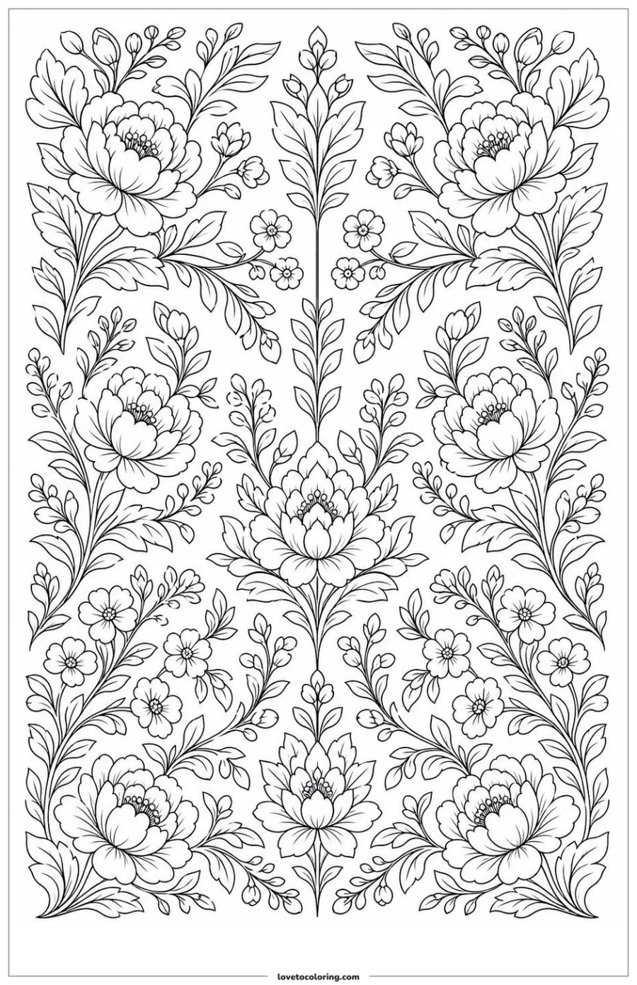 Black-and-white printable coloring page showing a botanical pattern echoed at three different scales.