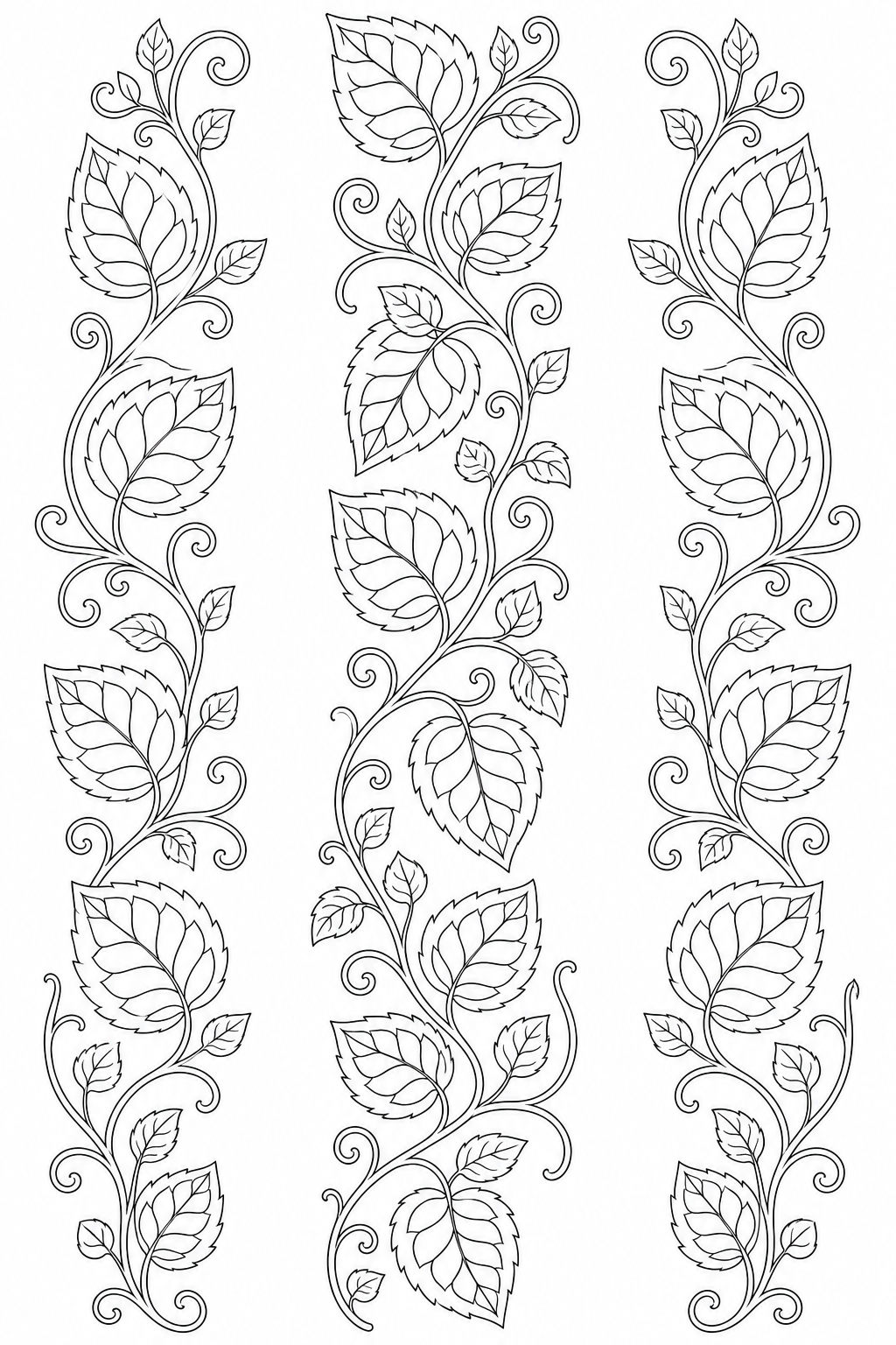Black-and-white printable coloring page showing a leaf pattern connected through one continuous visual path.