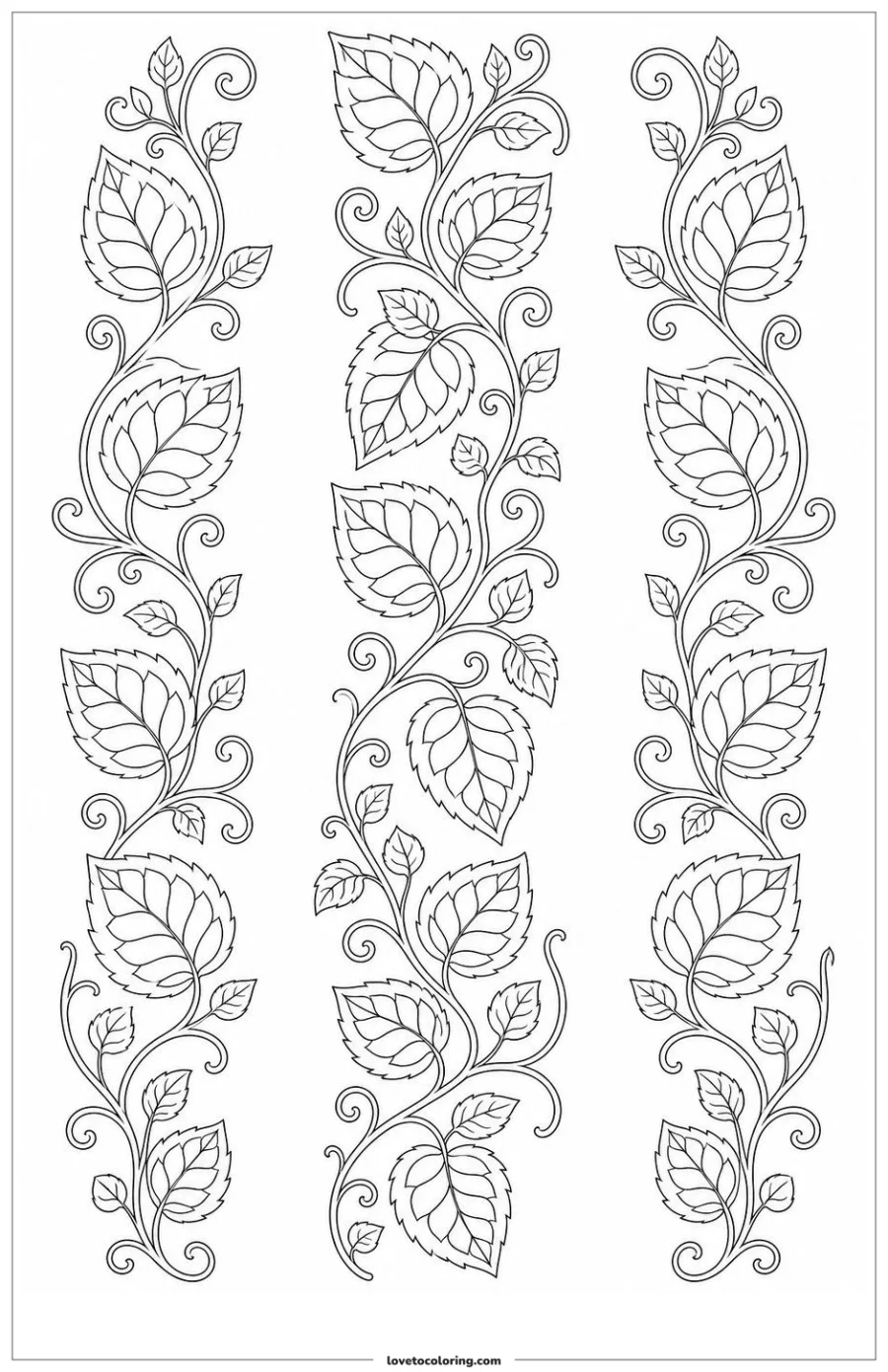 Black-and-white printable coloring page showing a leaf pattern connected through one continuous visual path.