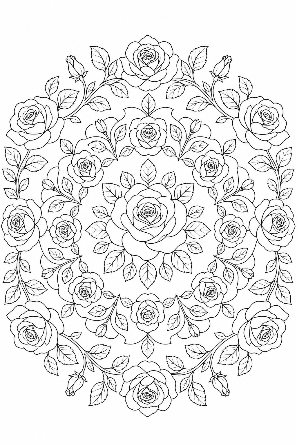 Black-and-white printable coloring page showing a rose pattern interlocked through large readable shapes.