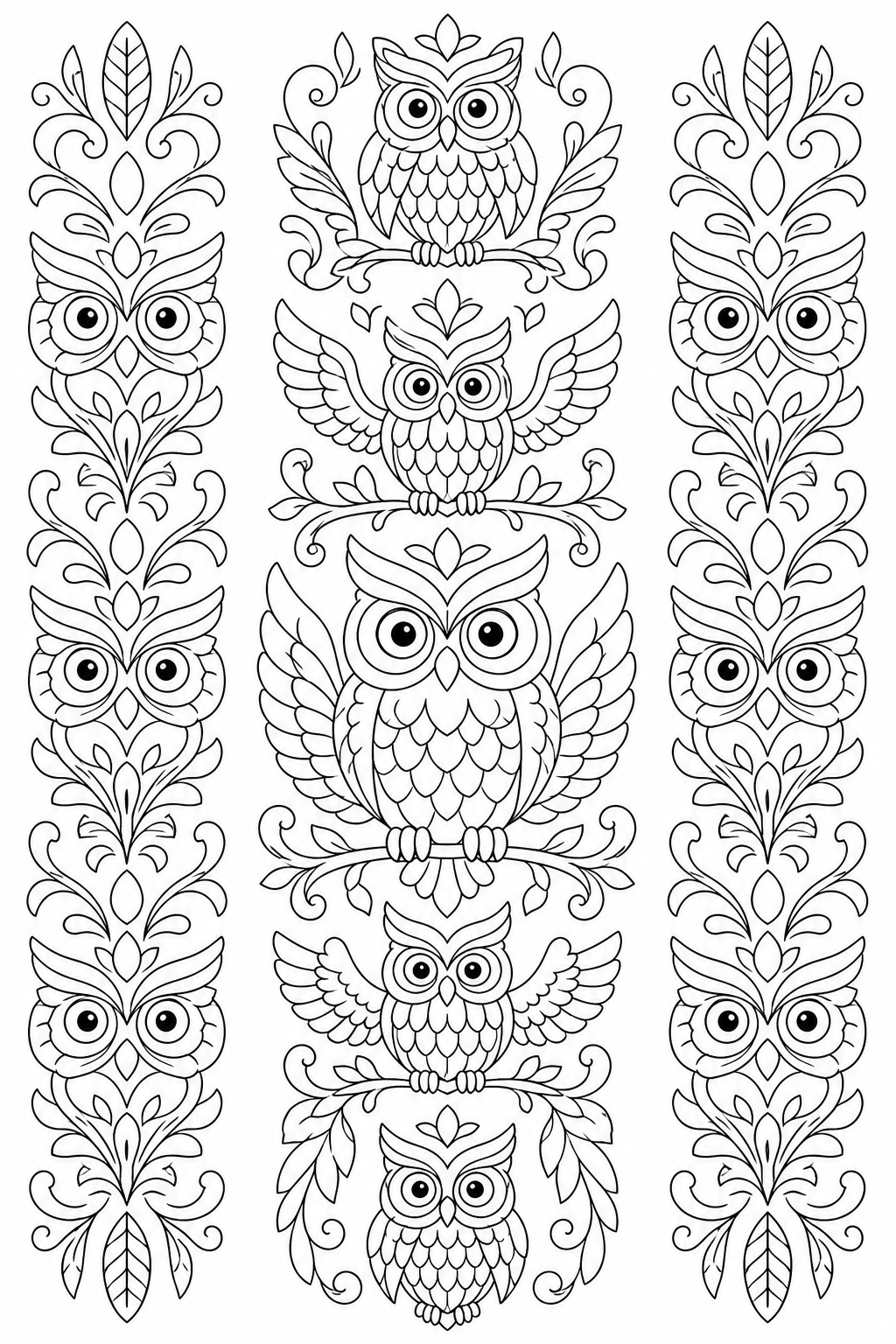 Black-and-white printable coloring page showing an owl pattern balanced across a vertical axis.